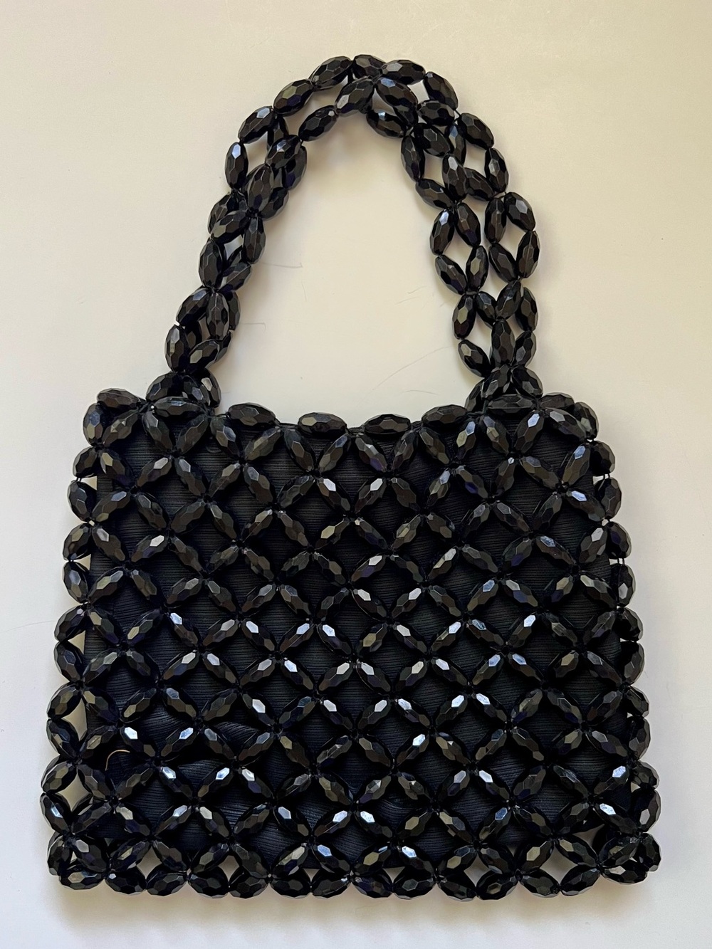 Vintage Shiny Black Plastic Beaded Handbag Lattice Weave